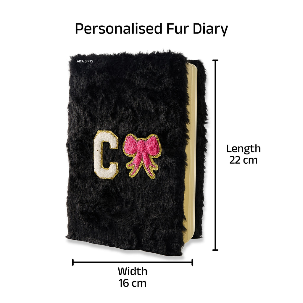 AICA Personalized Embroidery Patch Name Soft Fur Diary A5 Size 160 Pages (Black) For Girls & Boys | Customized Cute Plush Personal Journal | Diary for Girls Aesthetic | Diary for Kids | Gifts for Boys