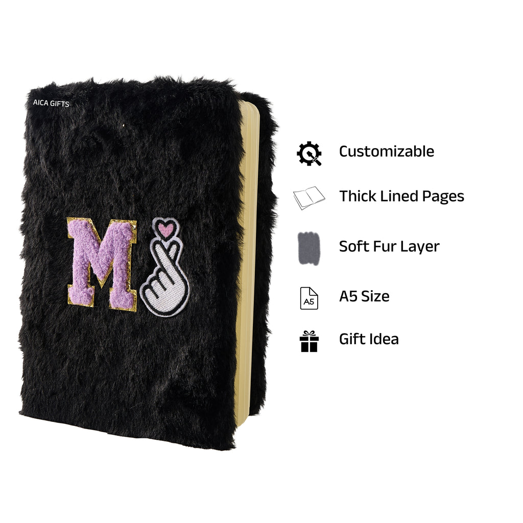 AICA Personalized Embroidery Patch Name Soft Fur Diary A5 Size 160 Pages (Black) For Girls & Boys | Customized Cute Plush Personal Journal | Diary for Girls Aesthetic | Diary for Kids | Gifts for Boys