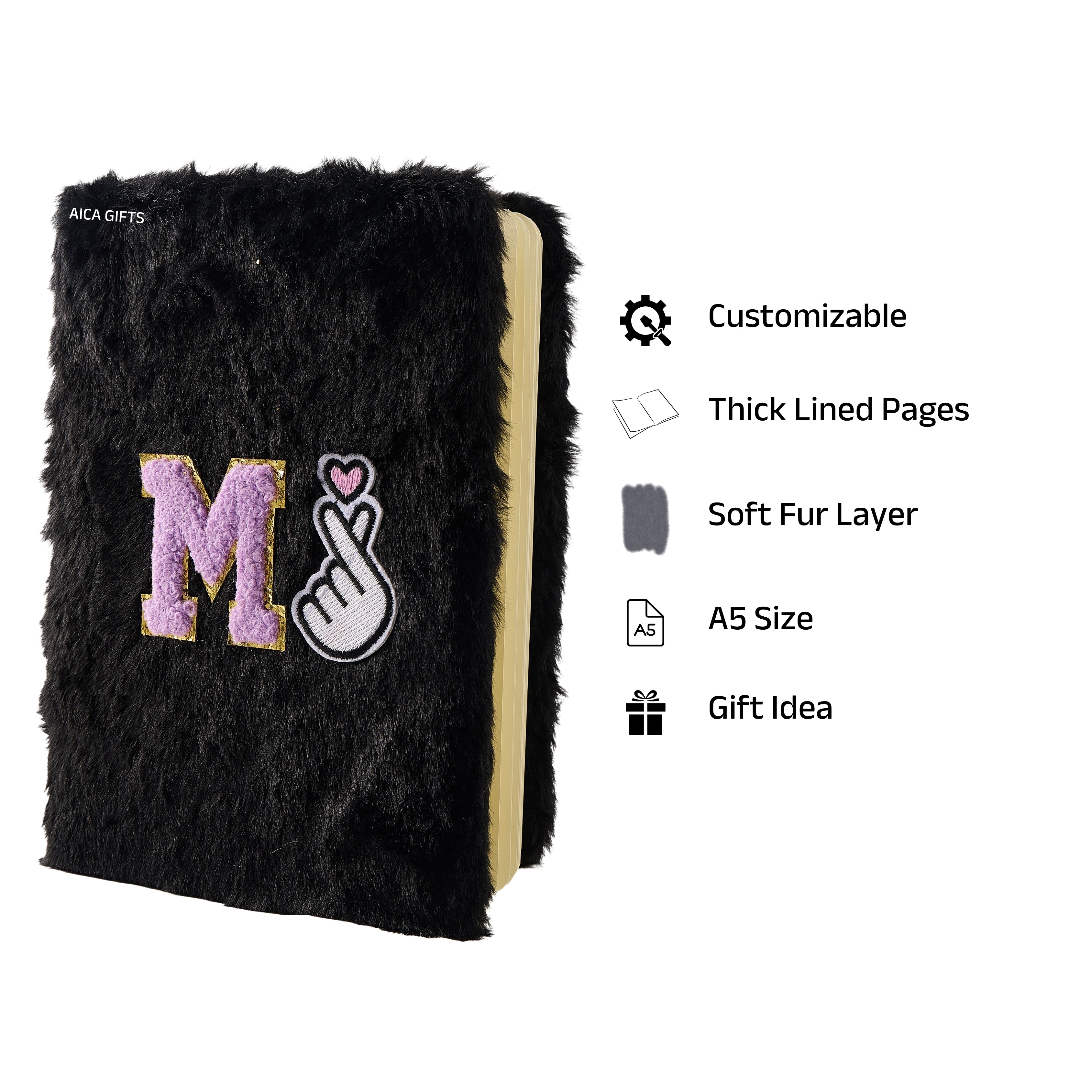 AICA Personalized Embroidery Patch Name Soft Fur Diary A5 Size 160 Pages (Black) For Girls & Boys | Customized Cute Plush Personal Journal | Diary for Girls Aesthetic | Diary for Kids | Gifts for Boys
