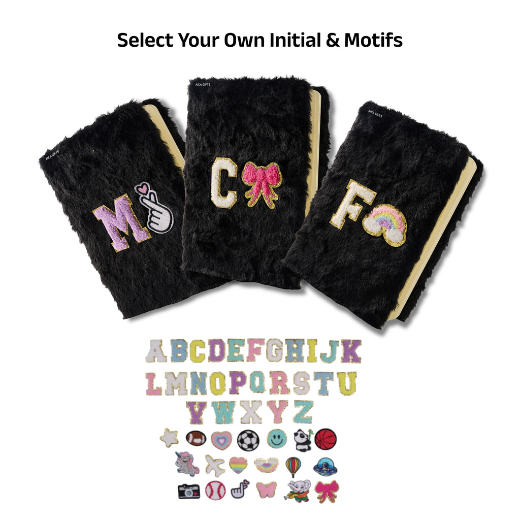 AICA Personalized Embroidery Patch Name Soft Fur Diary A5 Size 160 Pages (Black) For Girls & Boys | Customized Cute Plush Personal Journal | Diary for Girls Aesthetic | Diary for Kids | Gifts for Boys