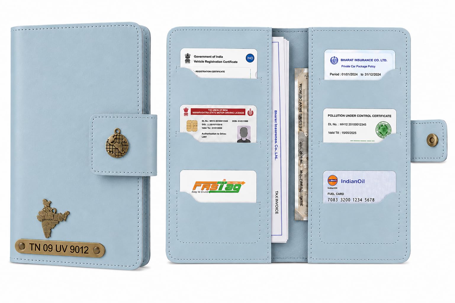 AICA Personalized Name & Charm Long Leather Car Document Holder with RC, Insurance Papers, Card Slots & Cash Compartment for Men & Women (Babyblue)