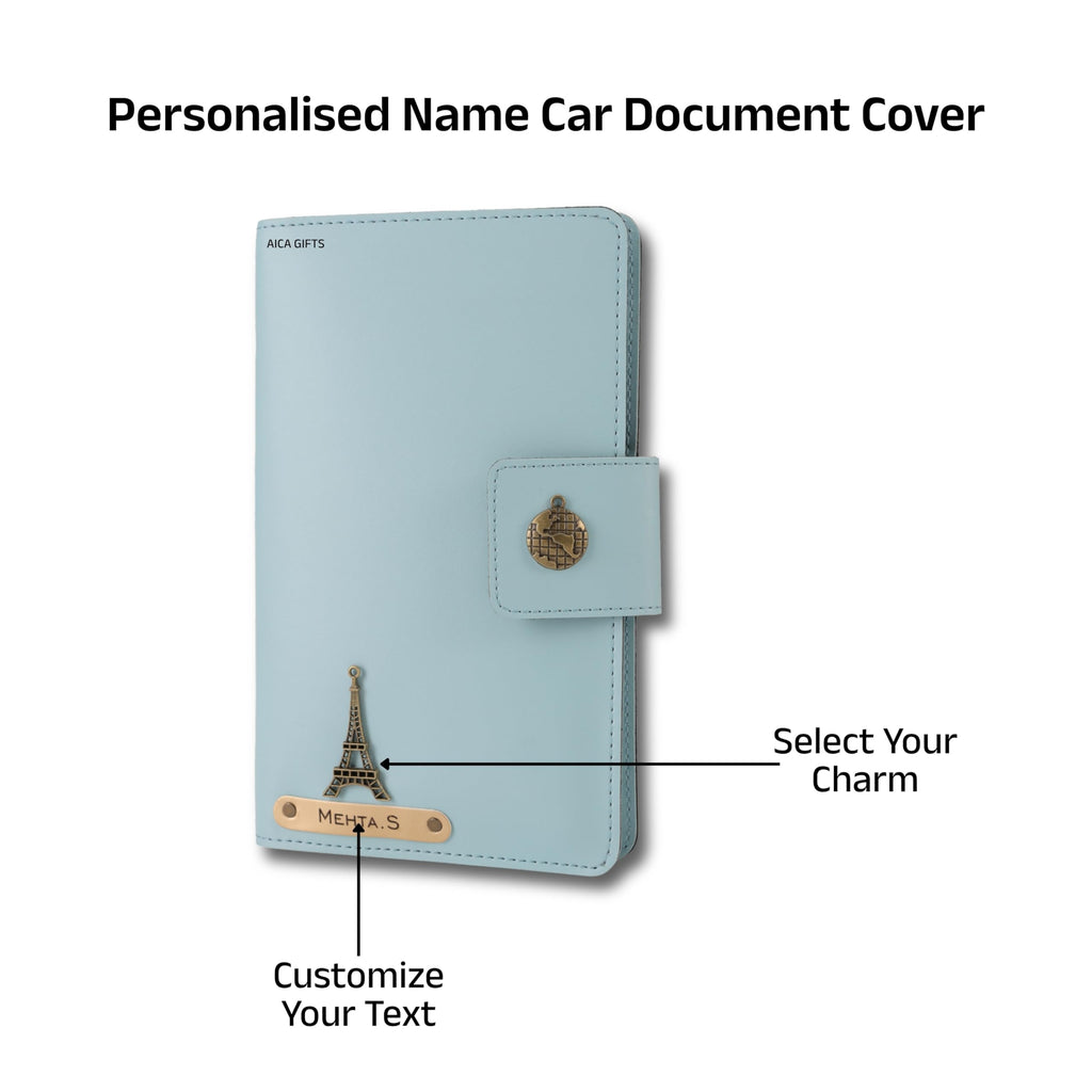 AICA Personalized Name & Charm Long Leather Car Document Holder with RC, Insurance Papers, Card Slots & Cash Compartment for Men & Women (Babyblue)