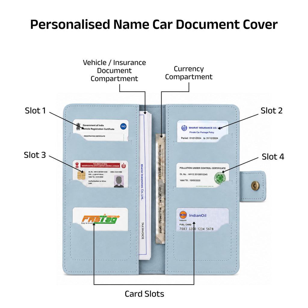 AICA Personalized Name & Charm Long Leather Car Document Holder with RC, Insurance Papers, Card Slots & Cash Compartment for Men & Women (Babyblue)