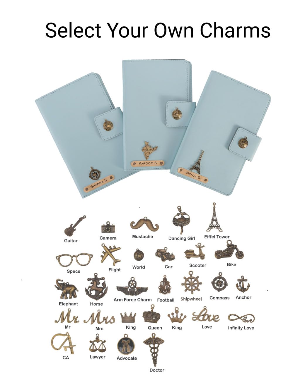 AICA Personalized Name & Charm Long Leather Car Document Holder with RC, Insurance Papers, Card Slots & Cash Compartment for Men & Women (Babyblue)