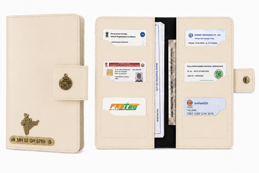 AICA Personalized Name & Charm Long Leather Car Document Holder with RC, Insurance Papers, Card Slots & Cash Compartment for Men & Women (Cream)