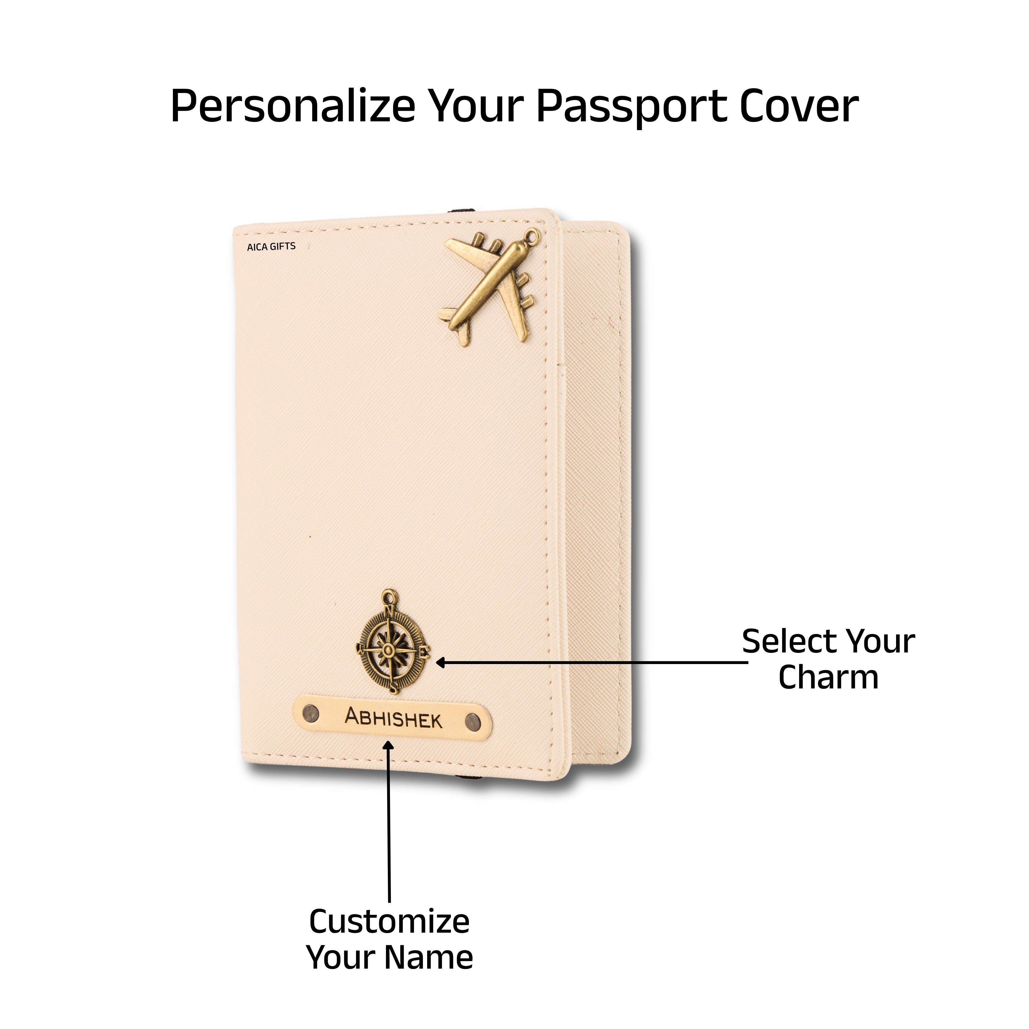 AICA Personalised Name & Charm Leather Passport Cover Holder for Men & Women (Cream) | Gifts for Man | Gift for Woman | Return Gifts for Birthday | Passport Cover for Men & Women