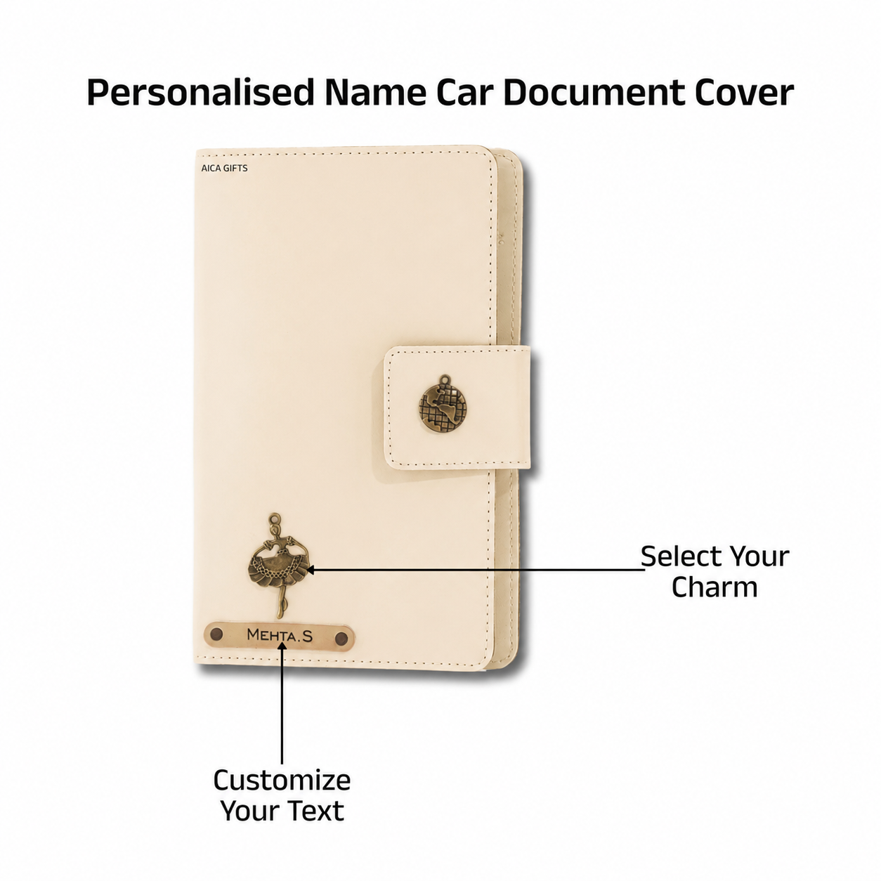 AICA Personalized Name & Charm Long Leather Car Document Holder with RC, Insurance Papers, Card Slots & Cash Compartment for Men & Women (Cream)