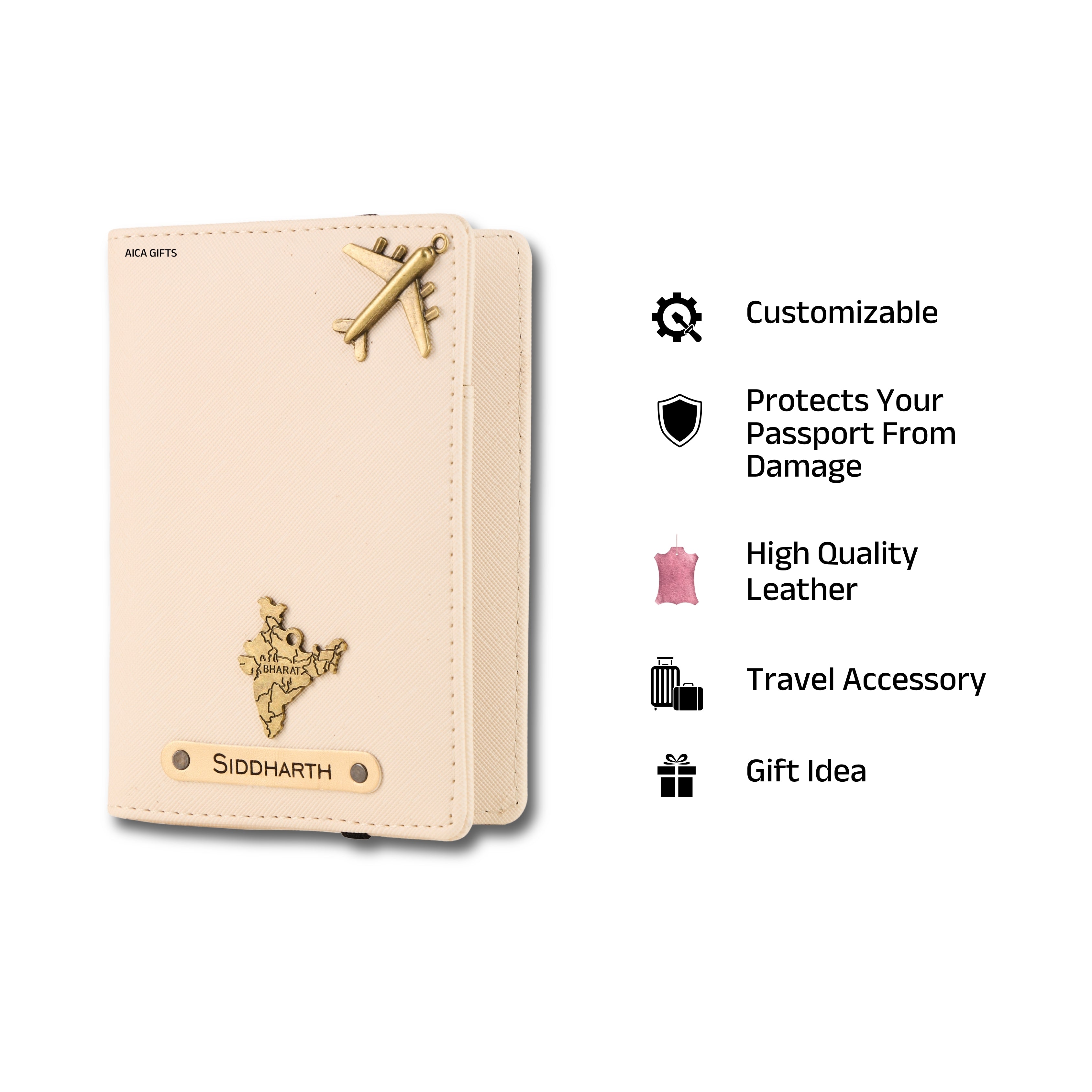 AICA Personalised Name & Charm Leather Passport Cover Holder for Men & Women (Cream) | Gifts for Man | Gift for Woman | Return Gifts for Birthday | Passport Cover for Men & Women