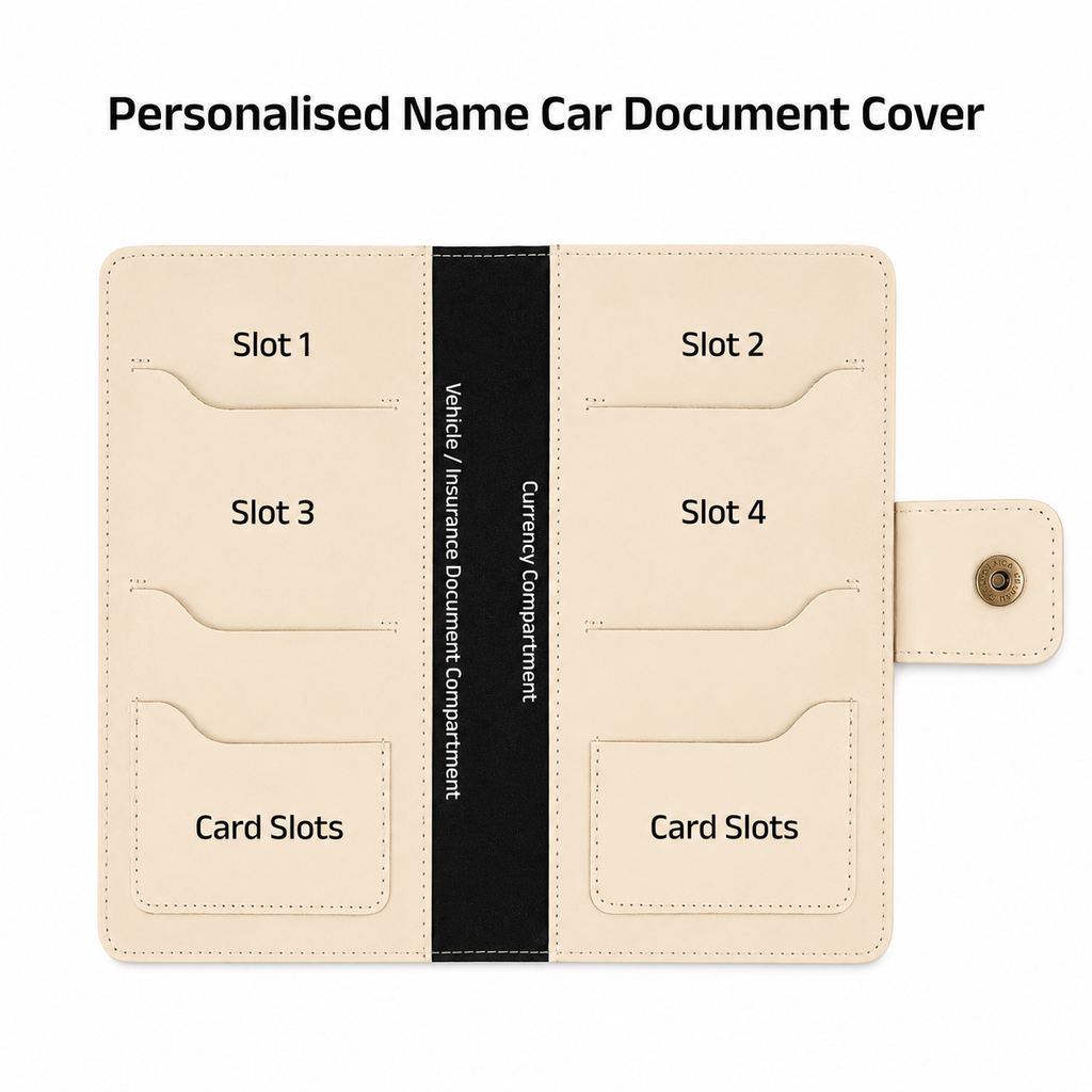 AICA Personalized Name & Charm Long Leather Car Document Holder with RC, Insurance Papers, Card Slots & Cash Compartment for Men & Women (Cream)