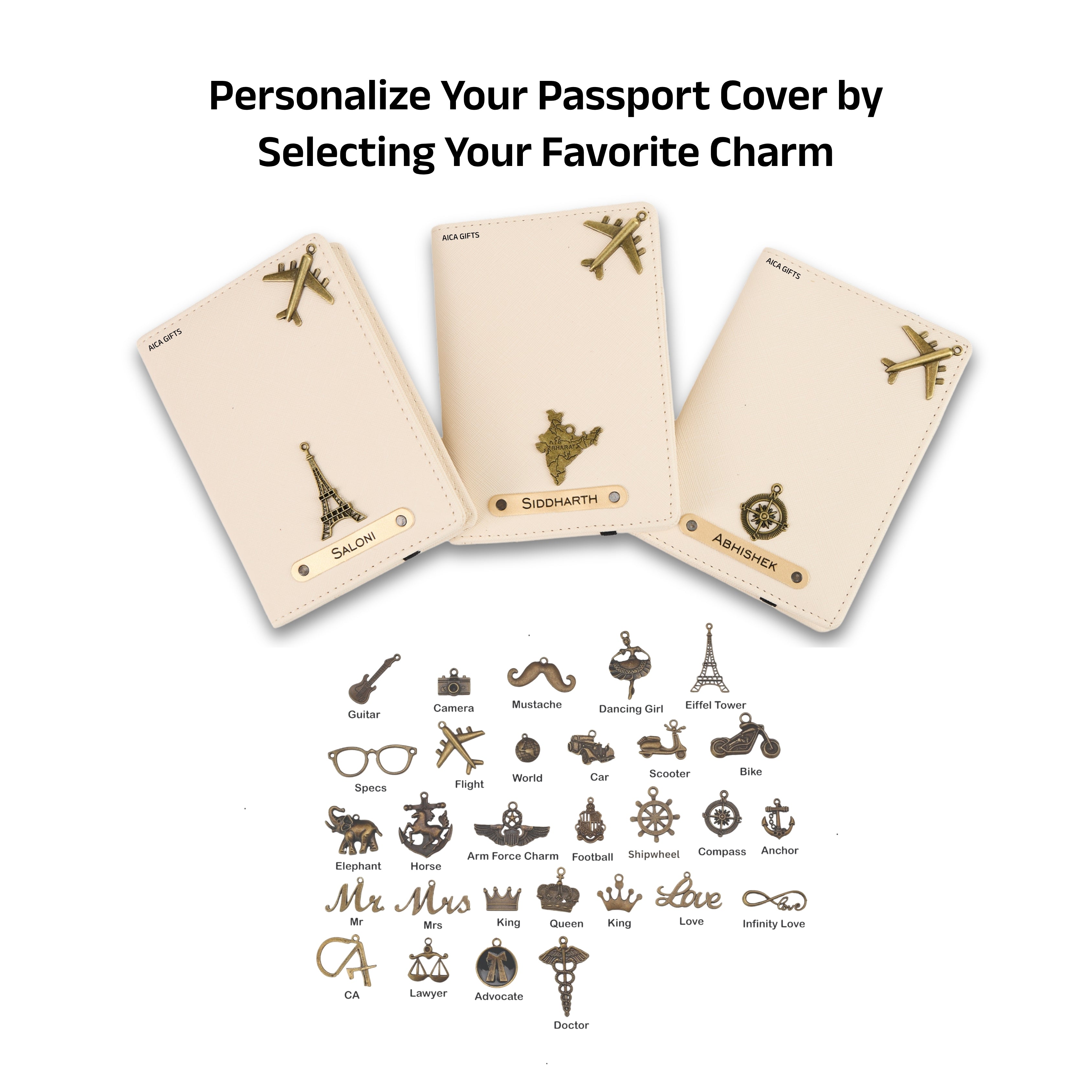 AICA Personalised Name & Charm Leather Passport Cover Holder for Men & Women (Cream) | Gifts for Man | Gift for Woman | Return Gifts for Birthday | Passport Cover for Men & Women
