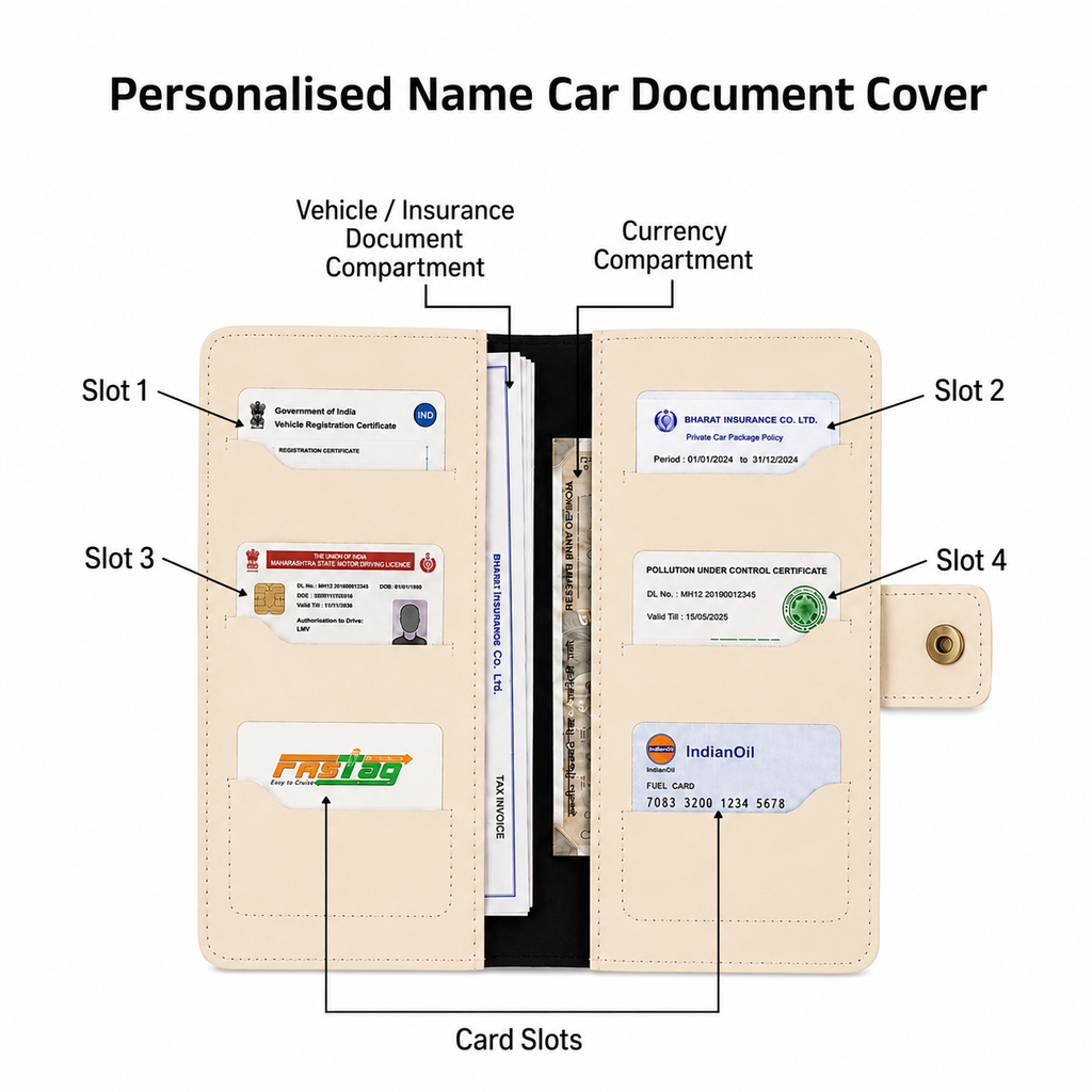 AICA Personalized Name & Charm Long Leather Car Document Holder with RC, Insurance Papers, Card Slots & Cash Compartment for Men & Women (Cream)