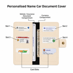 AICA Personalized Name & Charm Long Leather Car Document Holder with RC, Insurance Papers, Card Slots & Cash Compartment for Men & Women (Cream)