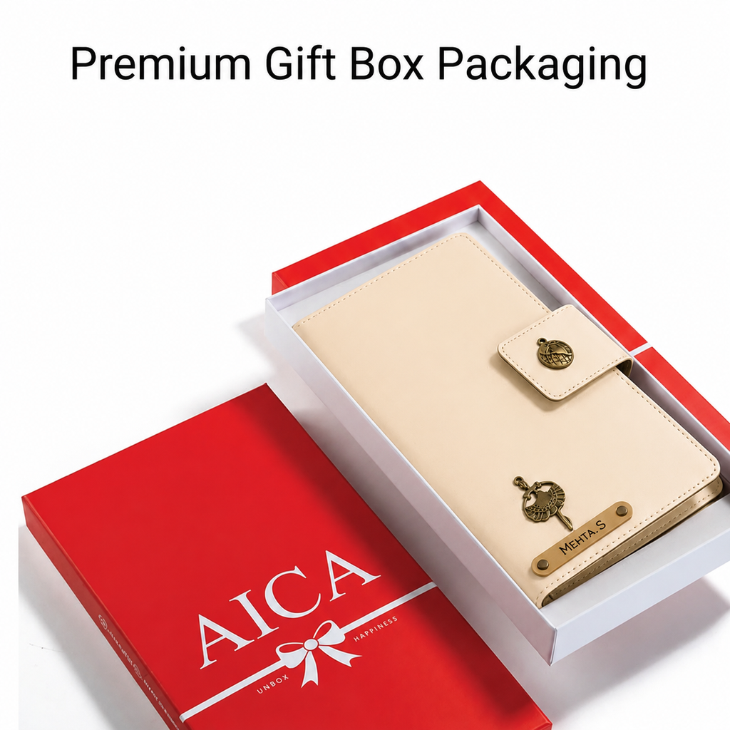 AICA Personalized Name & Charm Long Leather Car Document Holder with RC, Insurance Papers, Card Slots & Cash Compartment for Men & Women (Cream)
