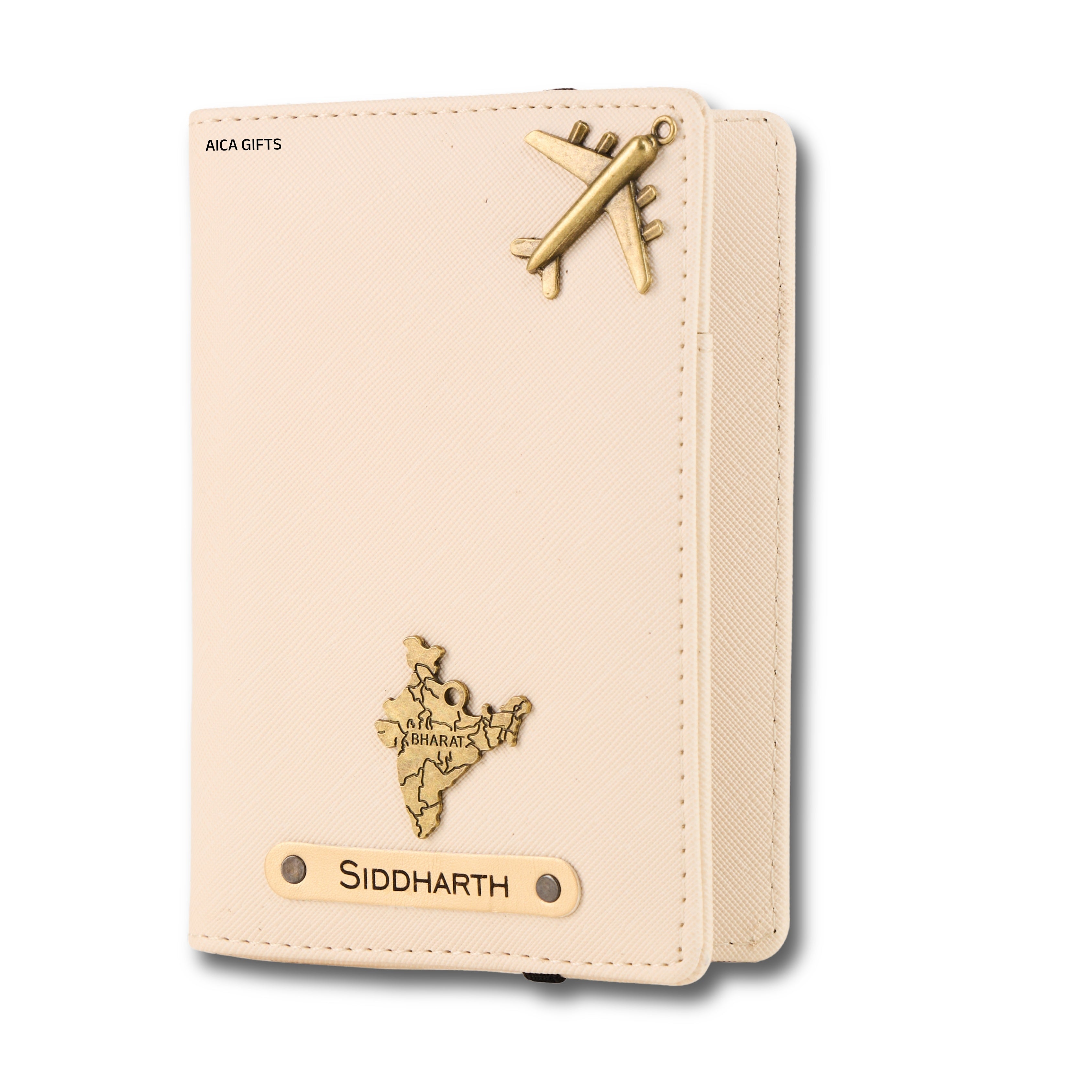 AICA Personalised Name & Charm Leather Passport Cover Holder for Men & Women (Cream) | Gifts for Man | Gift for Woman | Return Gifts for Birthday | Passport Cover for Men & Women