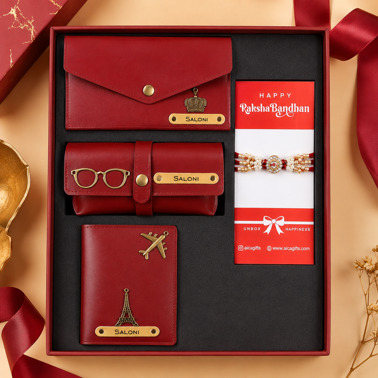 AICA Personalized Leather Womens Rakhi Combo (Wine)