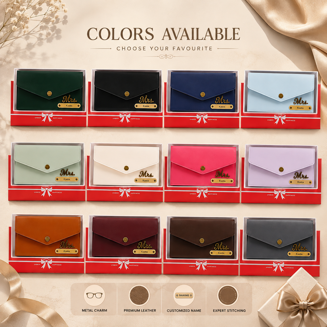 AICA Personalised Name & Charm Leather Wallet Gift for Women