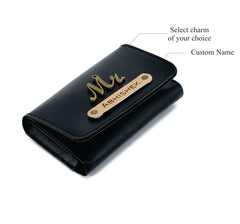 AICA Personalized Name & Charm – Small Pocket Size Leather Credit Debit Visiting Card Holder Wallet Case for Men & Women (Black)