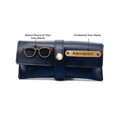 AICA Personalised Name & Charm Leather Sunglass Case Cover for Men & Women (Navy Blue)