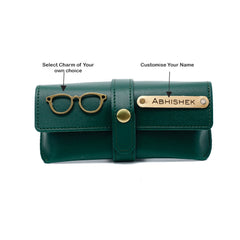 AICA Personalised Name & Charm Leather Sunglass Case Cover for Men & Women ( Dark Green )