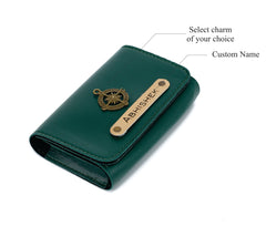 AICA Personalized Name & Charm – Small Pocket Size Leather Credit Debit Visiting Card Holder Wallet Case for Men & Women (DarkGreen)