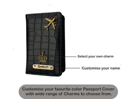 AICA Personalized Name & Charm Self –Textured Leather Passport Cover for Men & Women  (Black)