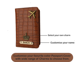 AICA Personalized Name & Charm Self –Textured Leather Passport Cover (TanBrown)