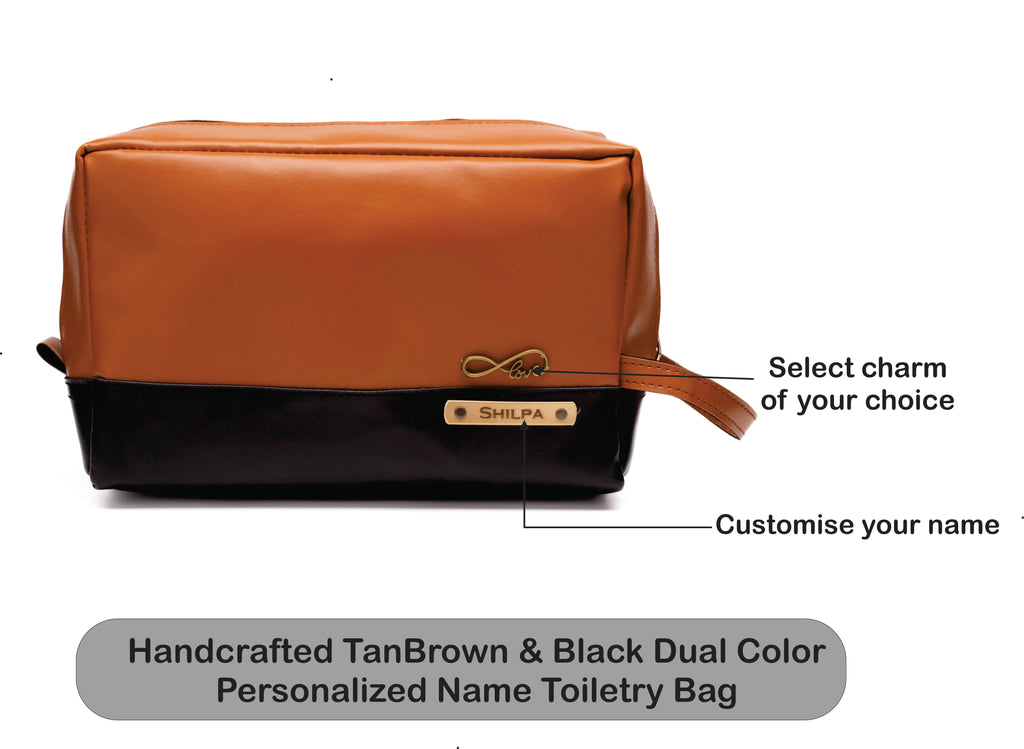 Personalized  Leather Dual Color - Toiletry Pouch  – TanBrown & Black