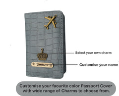 AICA Personalized Name & Charm Self –Textured Leather Passport Cover Holder for Men & Women (DarkGrey)