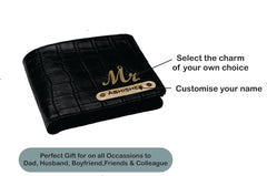 AICA Personalized Name & Charm Self-Textured Leather Wallet Men’s Combo Giftset (Black)