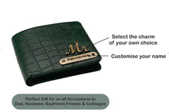 AICA Personalized Name & Charm Self-Textured Leather Wallet Mens Combo Giftset (DarkGreen)