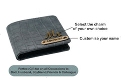 AICA Personalized Name & Charm Self-Textured Leather Wallet Mens Combo Giftset (Darkgrey)