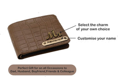 AICA Personalized Name & Charm Self-Textured Leather Wallet Men’s Combo Giftset (Brown)