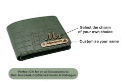 AICA Personalized Name & Charm Self-Textured Leather Wallet Mens Combo Giftset (MintGreen)