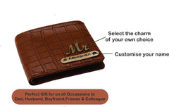 AICA Personalized Name & Charm Self-Textured Leather Wallet Mens Combo Giftset (TanBrown)