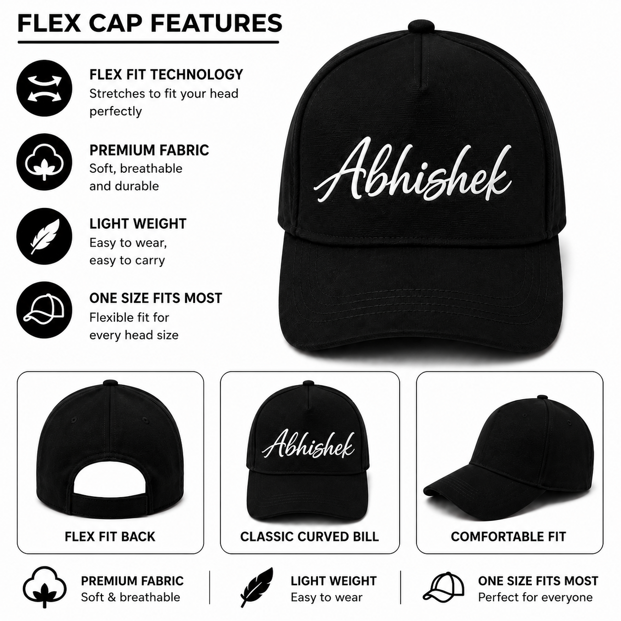 AICA Personalised Name Flex Cap for Men & Women �  Free Size | Gifts for Men & Women (Black)
