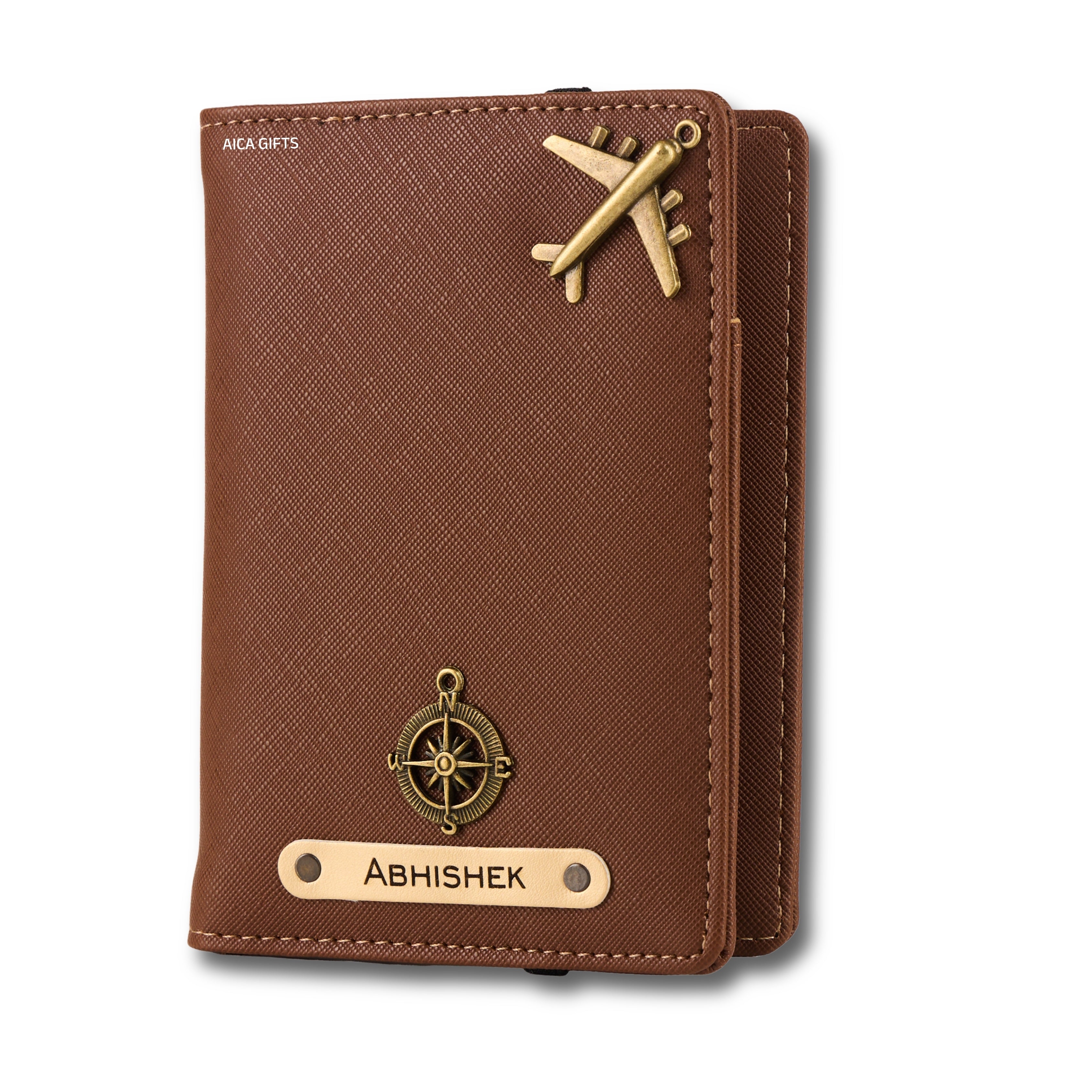 AICA Personalized Name & Charm Leather Passport Cover with 4 Card Slots, Secure Band & Boarding Pass Slot for Men & Women | Travel Passport Holder (Darkbrown)