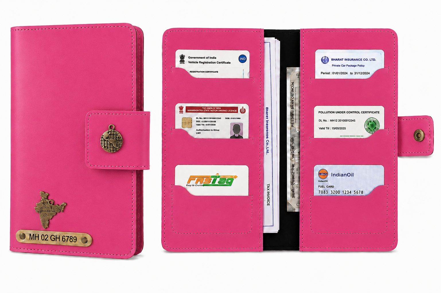 AICA Personalized Name & Charm Long Leather Car Document Holder with RC, Insurance Papers, Card Slots & Cash Compartment for Men & Women (Darkpink)