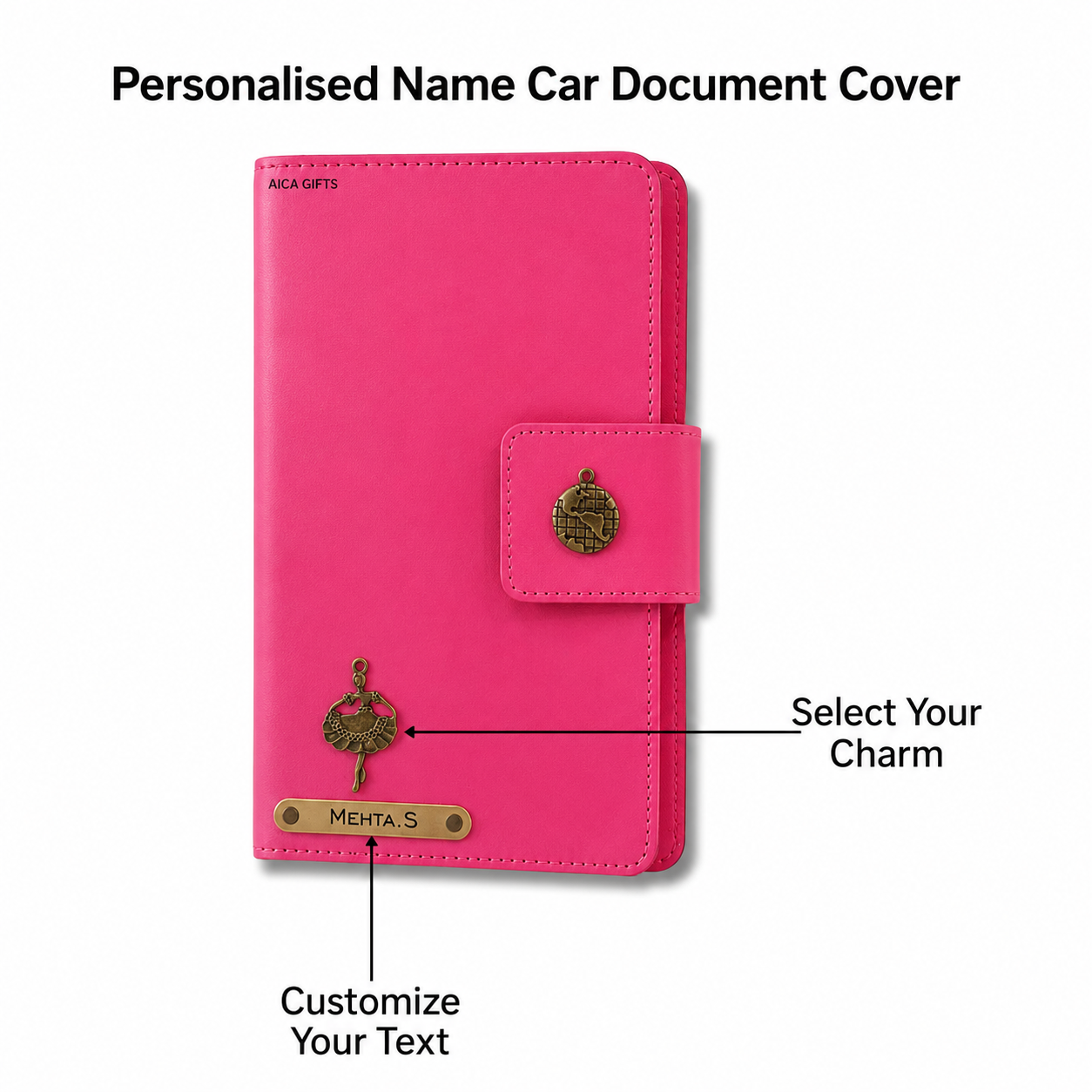 AICA Personalized Name & Charm Long Leather Car Document Holder with RC, Insurance Papers, Card Slots & Cash Compartment for Men & Women (Darkpink)