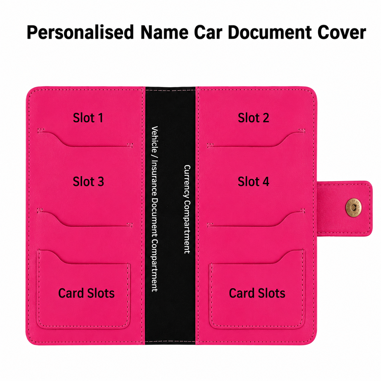 AICA Personalized Name & Charm Long Leather Car Document Holder with RC, Insurance Papers, Card Slots & Cash Compartment for Men & Women (Darkpink)
