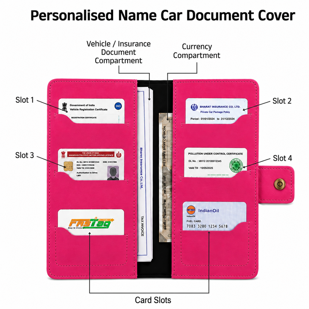 AICA Personalized Name & Charm Long Leather Car Document Holder with RC, Insurance Papers, Card Slots & Cash Compartment for Men & Women (Darkpink)