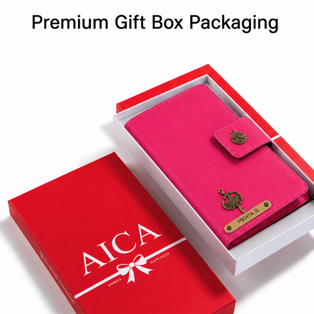 AICA Personalized Name & Charm Long Leather Car Document Holder with RC, Insurance Papers, Card Slots & Cash Compartment for Men & Women (Darkpink)