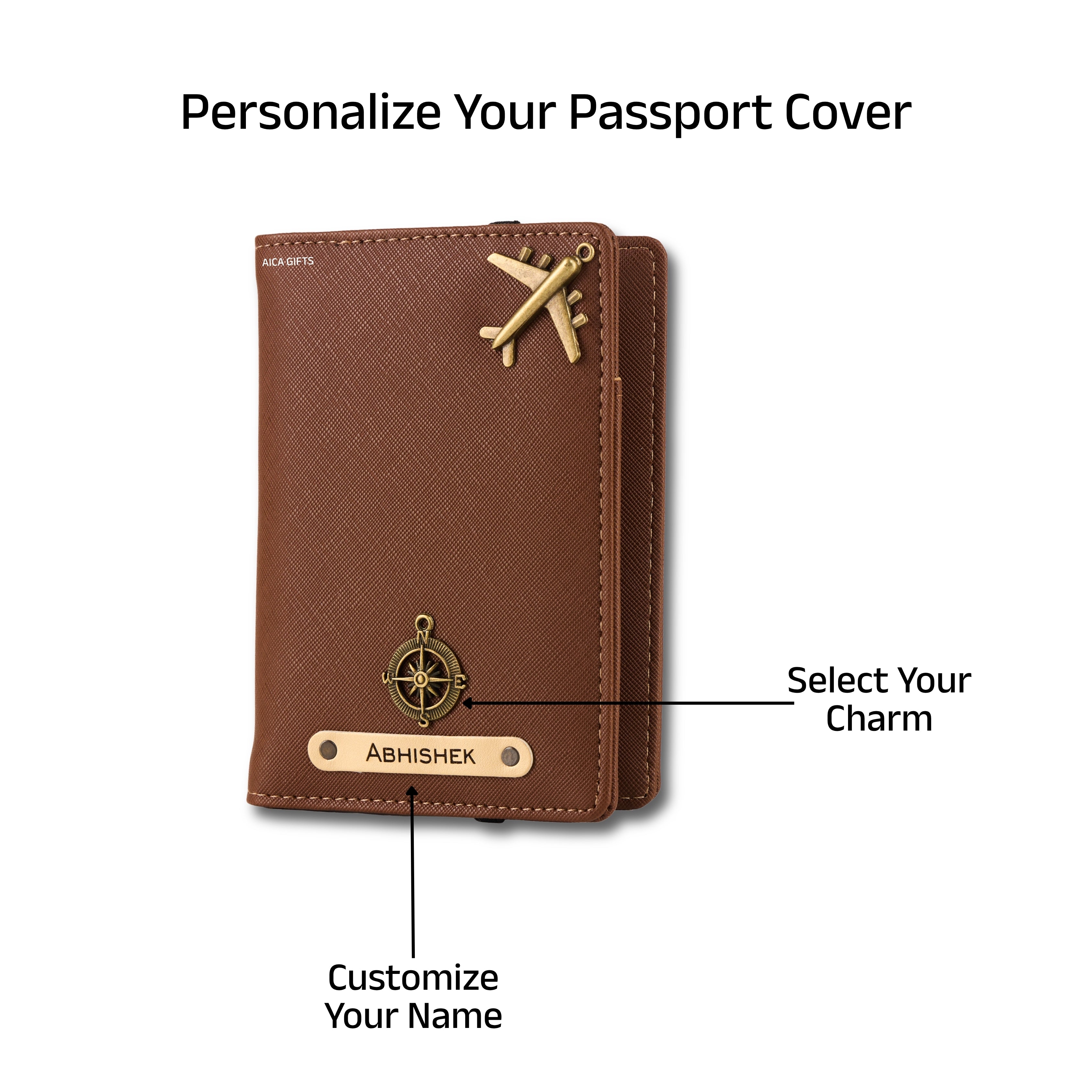AICA Personalized Name & Charm Leather Passport Cover with 4 Card Slots, Secure Band & Boarding Pass Slot for Men & Women | Travel Passport Holder (Darkbrown)