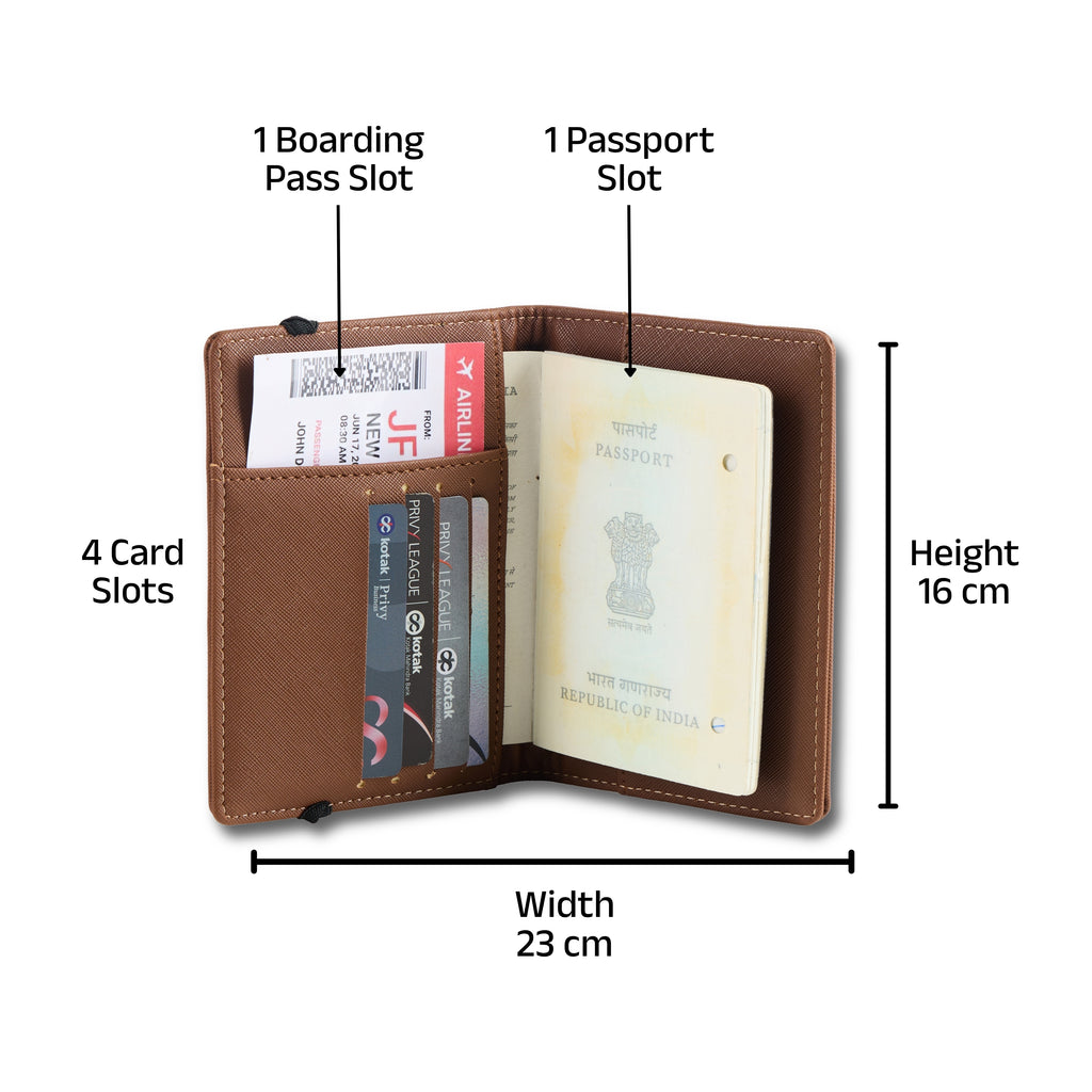 AICA Personalized Name & Charm Leather Passport Cover with 4 Card Slots, Secure Band & Boarding Pass Slot for Men & Women | Travel Passport Holder (Darkbrown)