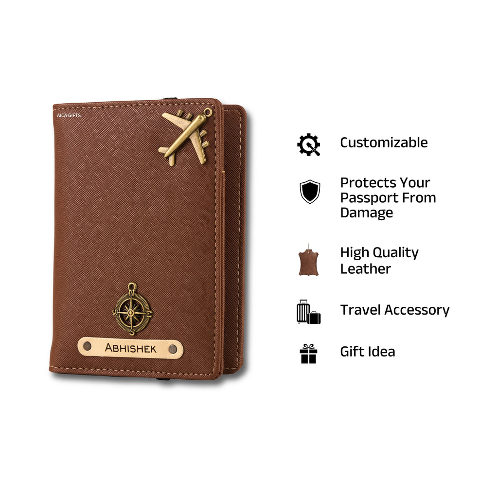 AICA Personalized Name & Charm Leather Passport Cover with 4 Card Slots, Secure Band & Boarding Pass Slot for Men & Women | Travel Passport Holder (Darkbrown)
