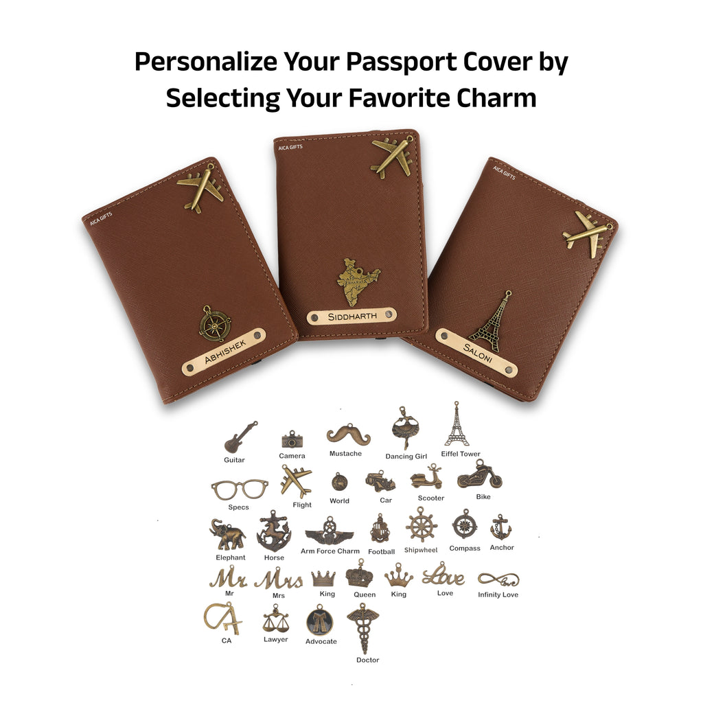 AICA Personalized Name & Charm Leather Passport Cover with 4 Card Slots, Secure Band & Boarding Pass Slot for Men & Women | Travel Passport Holder (Darkbrown)