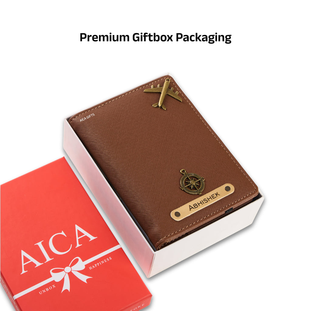 AICA Personalized Name & Charm Leather Passport Cover with 4 Card Slots, Secure Band & Boarding Pass Slot for Men & Women | Travel Passport Holder (Darkbrown)
