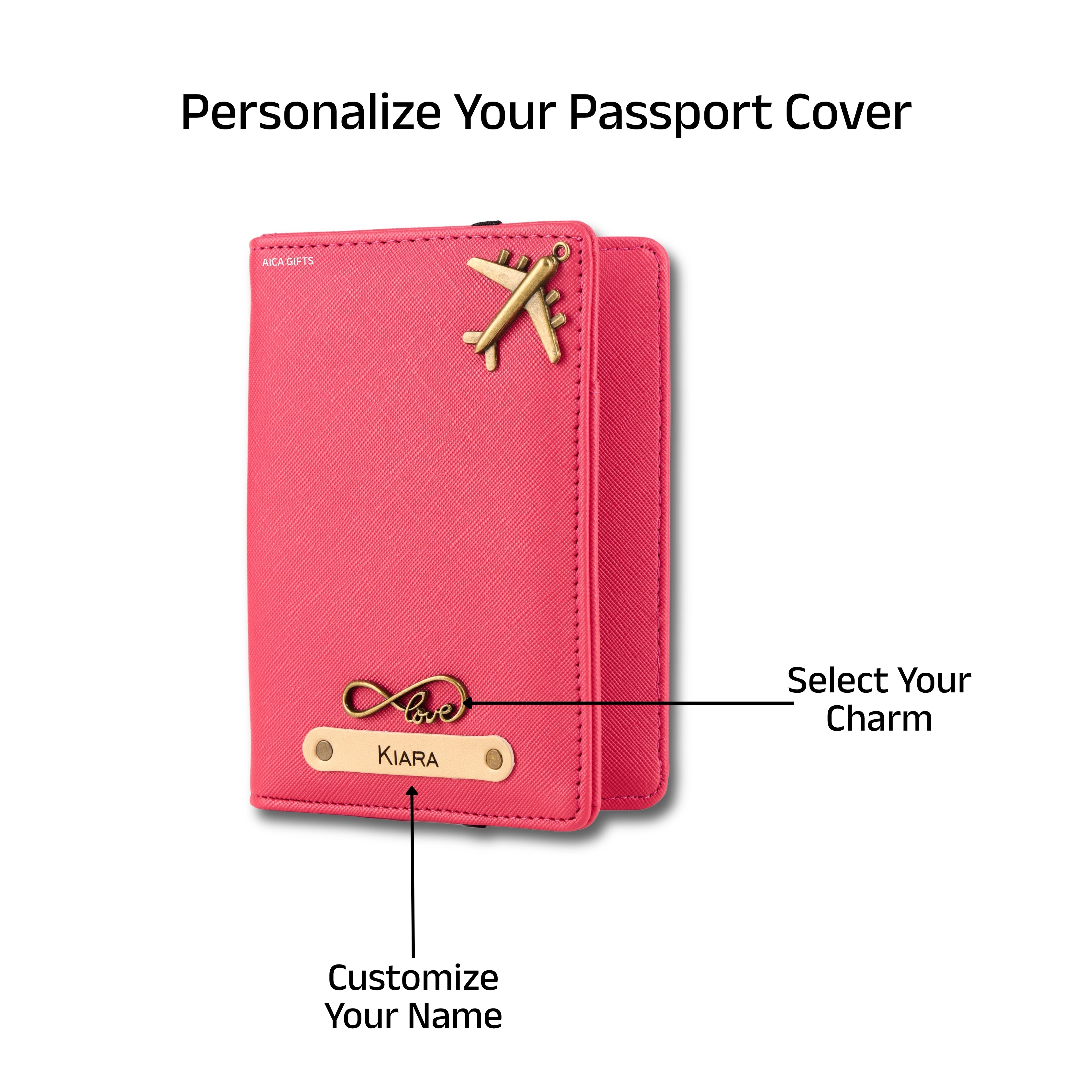 AICA Personalised Name & Charm Leather Passport Cover Holder for Men & Women (Dark Pink) | Gifts for Women | Gift for Woman | Return Gifts for Birthday | Passport Cover for Women