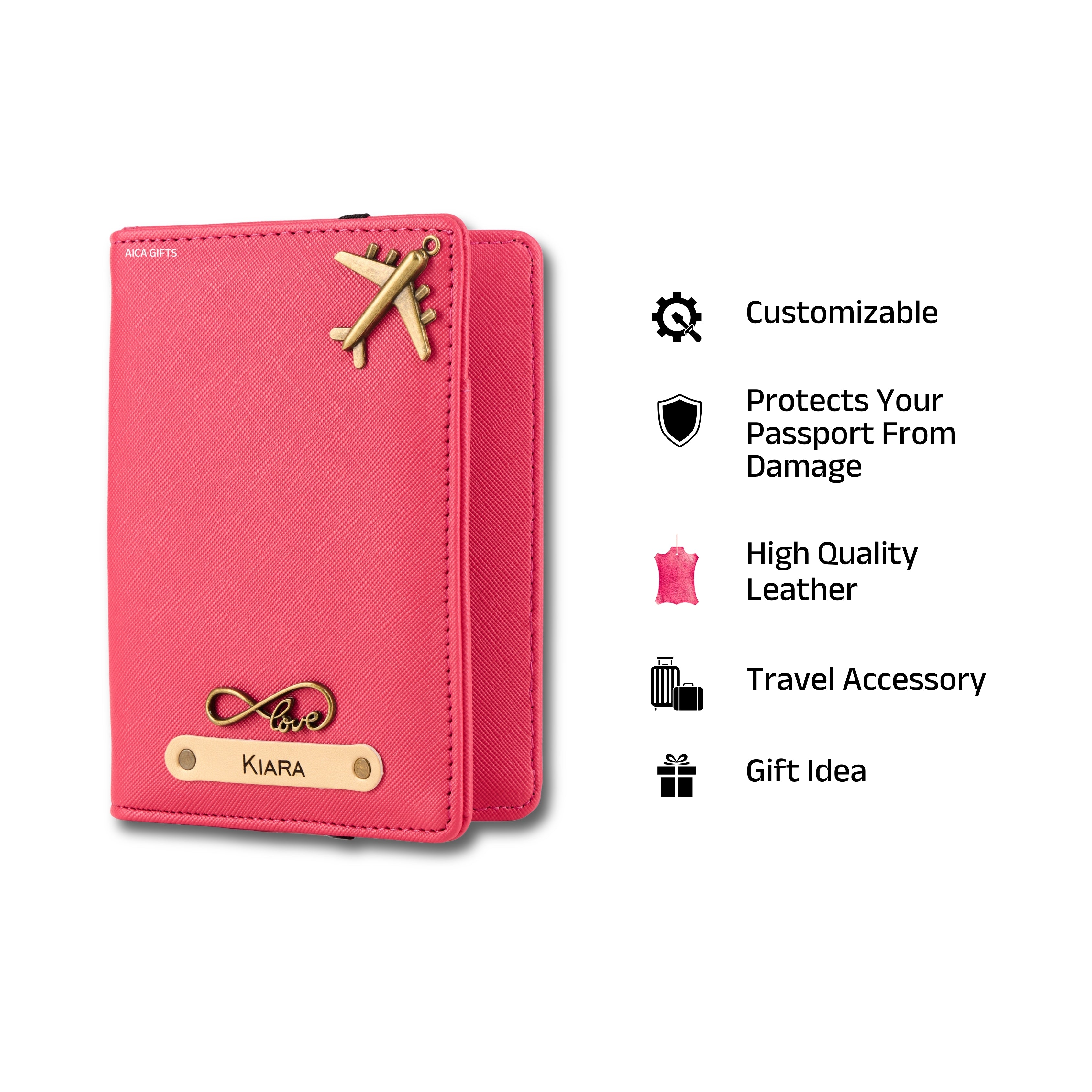 AICA Personalised Name & Charm Leather Passport Cover Holder for Men & Women (Dark Pink) | Gifts for Women | Gift for Woman | Return Gifts for Birthday | Passport Cover for Women