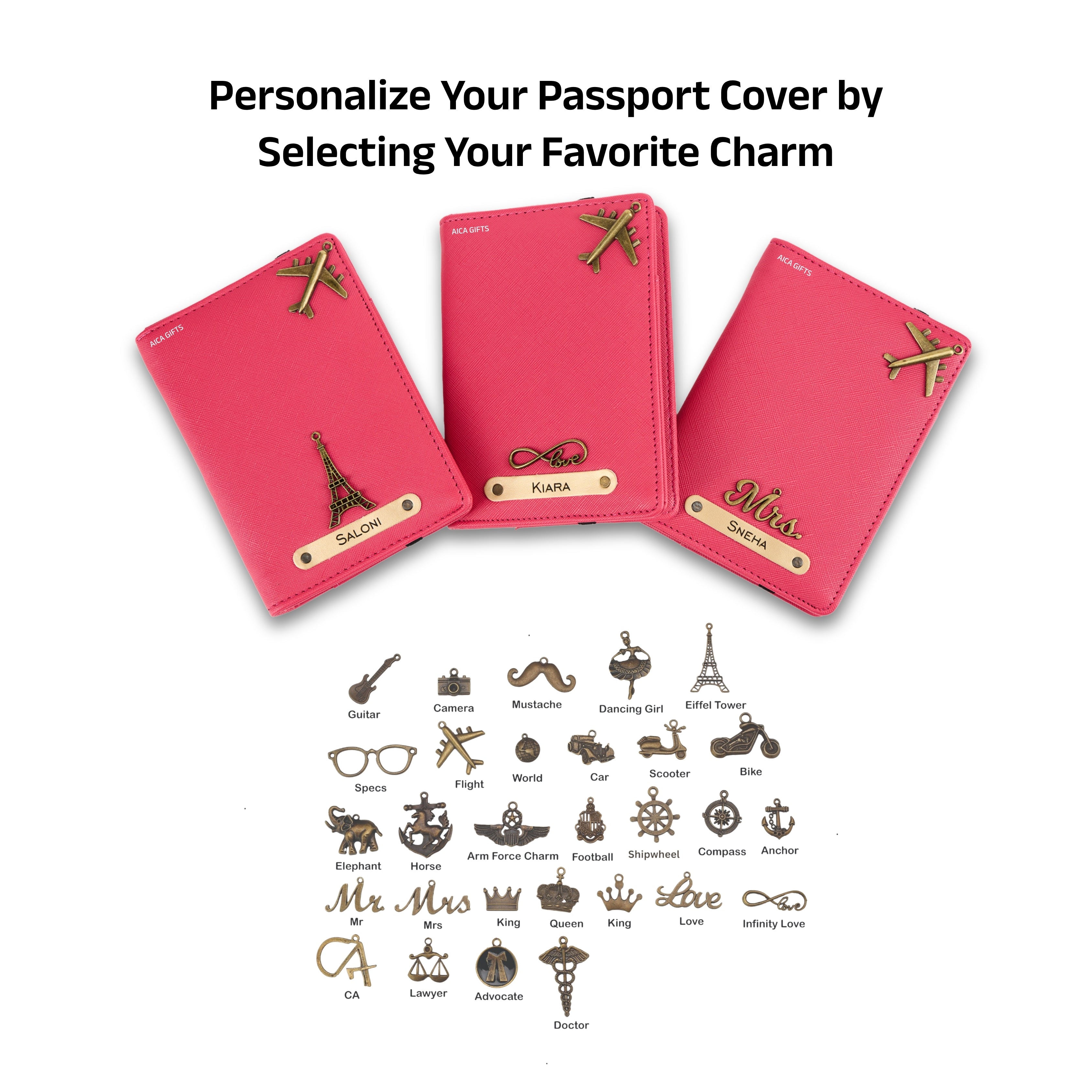 AICA Personalised Name & Charm Leather Passport Cover Holder for Men & Women (Dark Pink) | Gifts for Women | Gift for Woman | Return Gifts for Birthday | Passport Cover for Women