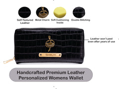 AICA Personalized Name & Charm Womens Leather Wallet - Black